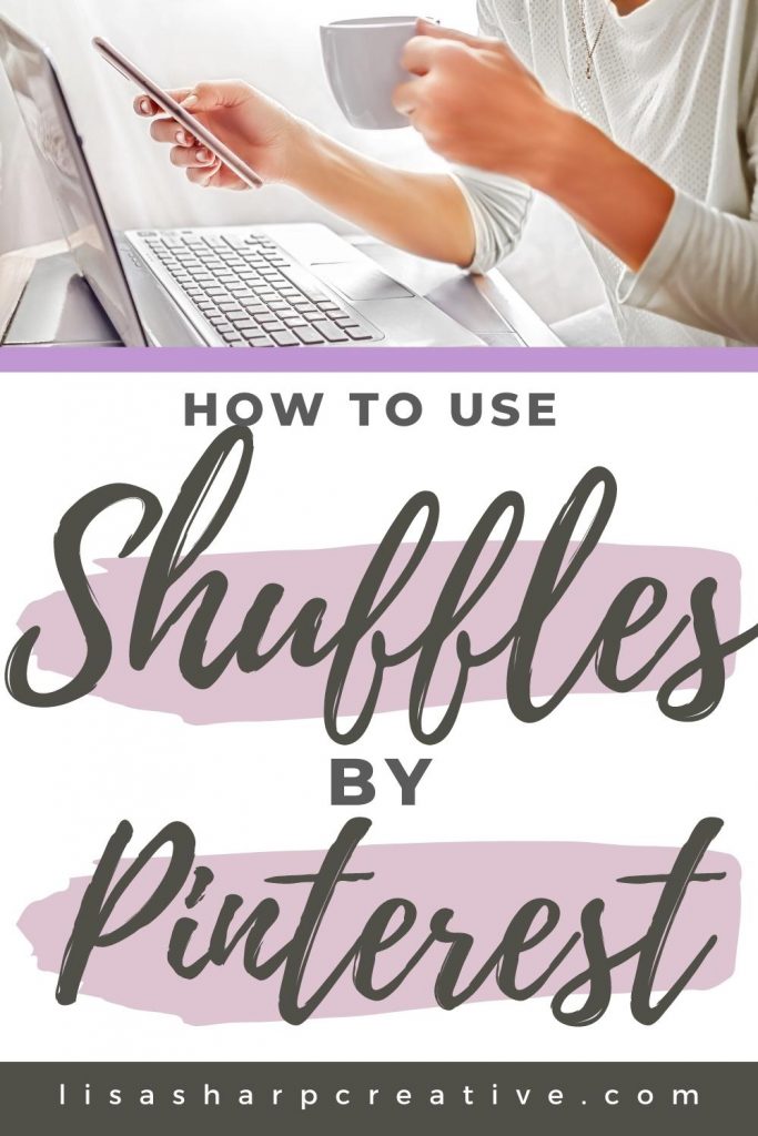 woman drinking coffee in front of laptop while holding phone with text how to use shuffles by Pinterest